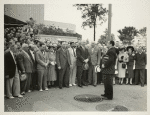 Fairgrounds - Visitors - Grover Whalen with large group in front of Administration Building