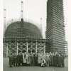 Fairgrounds - Visitors - Coach Fritz Crisler and University of Michigan football squad in front of Trylon and Perisphere under construction