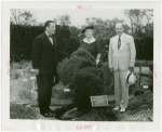 Gardens on Parade - Grover Whalen with man and woman presenting boxwood plant from Mary Washington's garden