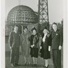 Hall of Pharmacy - Two men and three women in front of framework of Trylon and Perisphere