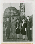 Hall of Pharmacy - Two men and three women in front of framework of Trylon and Perisphere