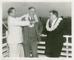 Hawaiian Day - Charles Rochester, J.B. Poindexter and Fiorello LaGuardia wearing leis