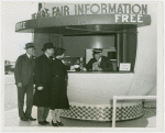 Information Booths - Harvey Gibson in booth shaped like Perisphere outside of Holland Tunnel