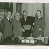 Italy Participation - Grover Whalen with Italian officials and plaque for Mussolini