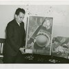 Jewels - Man pours sapphires and moonstones onto table in front of World's Fair Poster