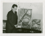 Jewels - Man pours sapphires and moonstones onto table in front of World's Fair Poster