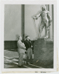 Netherlands - Neil van Aken and Cornelius Kouwenhoven looking at statue of Peter Stuyvesant