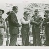 Sports - Whalen, Grover - Bill Terry, Grover Whalen, Carl Hubbell and Mel Ott on stage with boy scouts