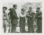 Sports - Whalen, Grover - Bill Terry, Grover Whalen, Carl Hubbell and Mel Ott on stage with boy scouts