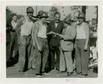 Theme Center - Trylon and Perisphere - Ceremonies - Fiorello LaGuardia congratulating construction workers with Grover Whalen and L.A. Paddock