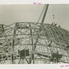 Theme Center - Trylon and Perisphere - Construction - Workers laying steel beams on framework of Perisphere