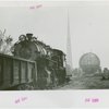 Theme Center - Trylon and Perisphere - Construction - Framework of Trylon and Perisphere with locomotive in foreground