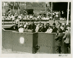 Theme Center - Trylon and Perisphere - Dedication - Fiorello LaGuardia giving speech with Grover Whalen and others in attendance