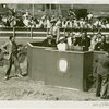 Theme Center - Trylon and Perisphere - Dedication - Fiorello LaGuardia giving speech with Grover Whalen and others in attendance