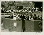 Theme Center - Trylon and Perisphere - Dedication - Fiorello LaGuardia giving speech with Grover Whalen and others in attendance