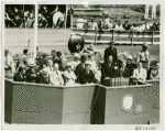 Theme Center - Trylon and Perisphere - Dedication - Grover Whalen giving speech with Fiorello LaGuardia and others in attendance