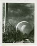 Theme Center - Trylon and Perisphere - View through trees