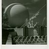 Theme Center - Trylon and Perisphere - View of Perisphere with sculpture and fountain in foreground
