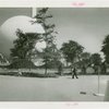 Theme Center - Trylon and Perisphere - View of Trylon and Perisphere through trees