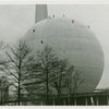 Theme Center - Trylon and Perisphere - Workers on Perisphere with Food Building in foreground
