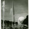 Theme Center - Trylon and Perisphere - View across grounds with fountain in foreground