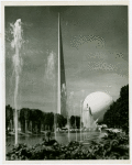 Theme Center - Trylon and Perisphere - View across grounds with fountain in foreground