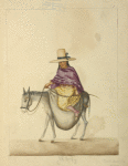 Woman wearing tall, wide-brimmed hat and shawl and riding a donkey.
