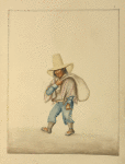 Man carrying satchel wearing poncho, moccasins, and tall, wide-brimmed hat.