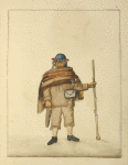 Man with walking stick, wearing shawl, narrow-brimmed hat, and purse.