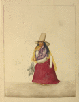 Woman in tall, wide-brimmed hat, long skirt and shawl holding several fish on a cord.