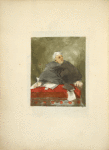 White haired man in black robe, seated at a desk and holding a quill pen