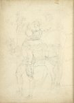 Woman on horseback with man standing beside her with arm around her waist; views of their heads