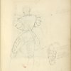 Back view of a man in breeches and doublet, with horn and knife in a sheath; detail of leg and foot