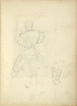 Back view of a man in breeches and doublet, with horn and knife in a sheath; detail of leg and foot