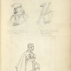 Front view of young man in hat; Back view of young man in hat; Man kneeling, in cape and breeches