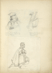Front view of young man in hat; Back view of young man in hat; Man kneeling, in cape and breeches
