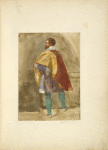 Man in maroon cape with gold lining, purple tunic and green tights