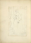 Young woman in long dress with fitted bodice, full sleeves, and square, deeply cut  neckline