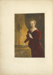 Woman in deep red dress holding a book to her chest, standing next to a table, behind which is a crucifix