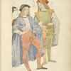 Two young men wearing hats, cloaks and tights carrying thin staffs or swords; two figures in background