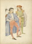 Two young men wearing hats, cloaks and tights carrying thin staffs or swords; two figures in background