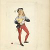 Young man wearing tights, blouse, hip belt with purse, and hat with feather