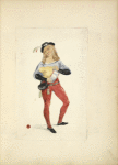 Young man wearing tights, blouse, hip belt with purse, and hat with feather