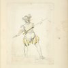 Back view of a man in pantaloons, tights and hat drawing back a spear