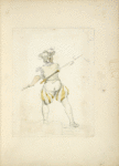 Back view of a man in pantaloons, tights and hat drawing back a spear