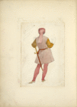 Rear view of man in a tunic and belt with sword, tights, gloves and hat with long tail