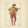 Back view of man standing beside a horse