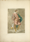 Man in doublet, breeches, tights, with mantle, sword, and hat