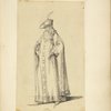 Man with beard in long cape, hat with plume, and pointed shoes