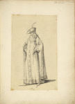 Man with beard in long cape, hat with plume, and pointed shoes